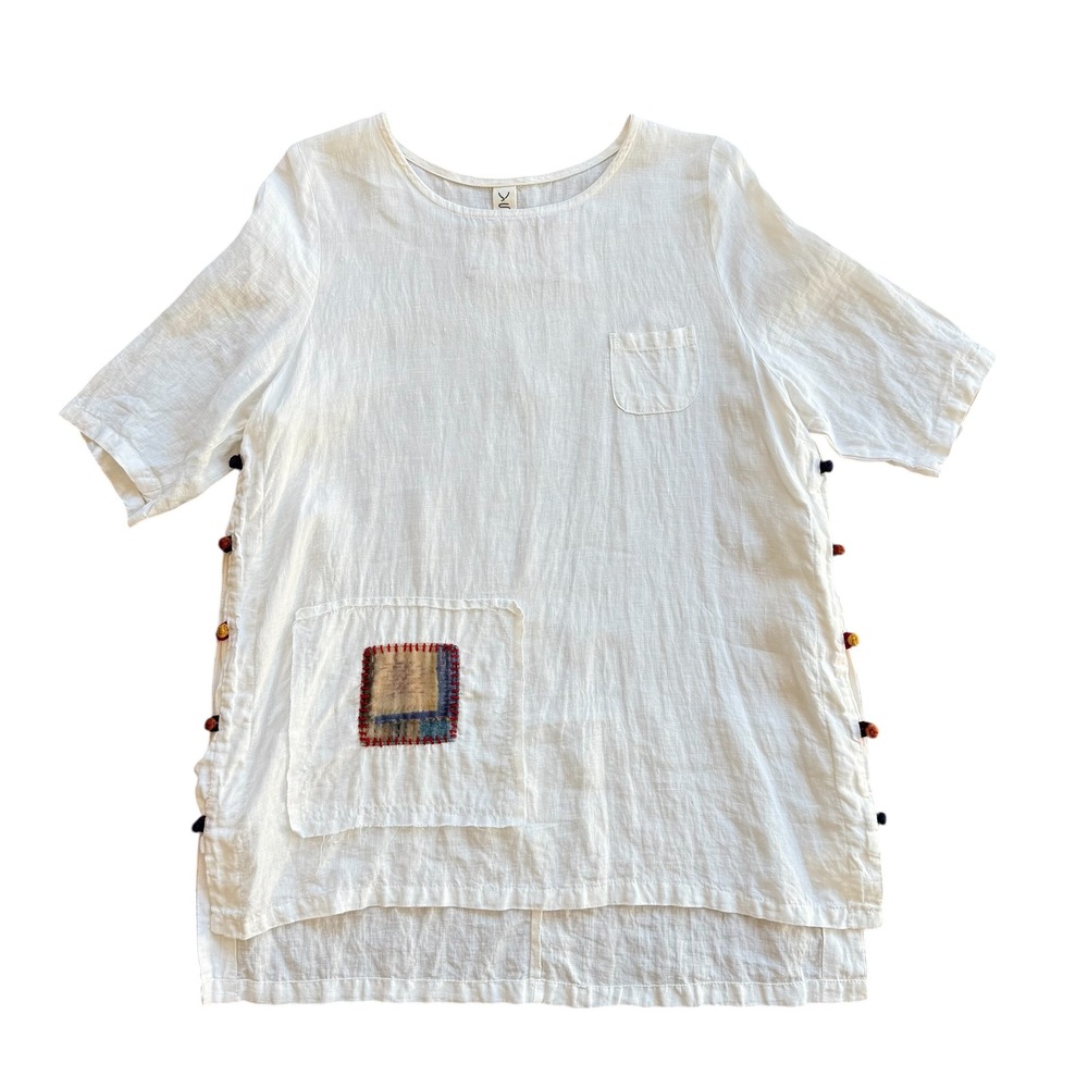 Small Linen Tunic Top Patchwork Pocket White - image 4